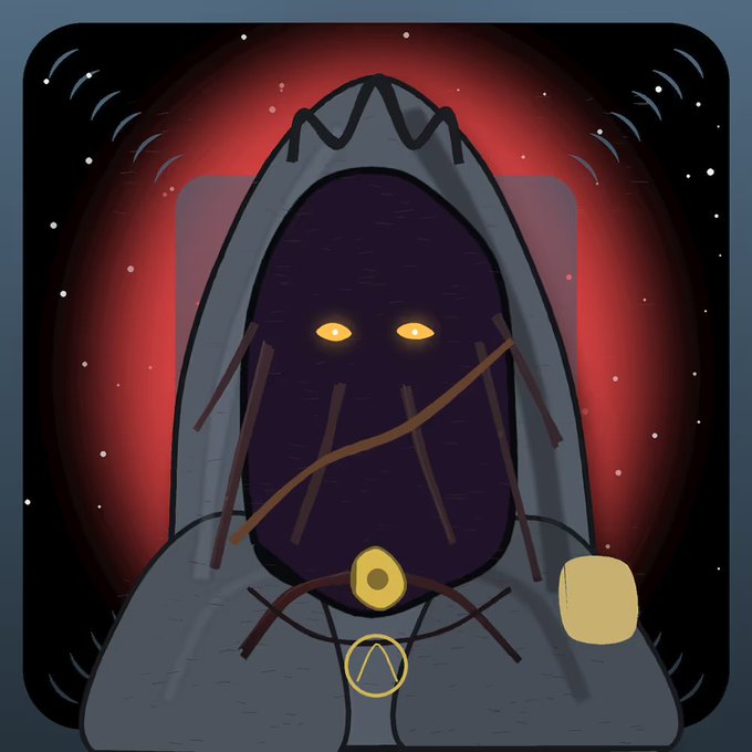 A stylized digital artwork of a hooded figure with glowing yellow eyes, a golden collar, and an anarchy symbol against a dark red background with stars.
