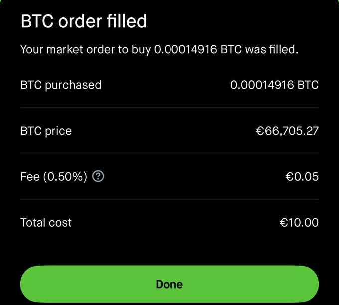 A mobile app confirmation screen showing a 'BTC order filled' message, indicating a market order to buy 0.00014916 BTC was executed at a price of €66,705.27 for a total cost of €10.00, including a €0.05 fee.