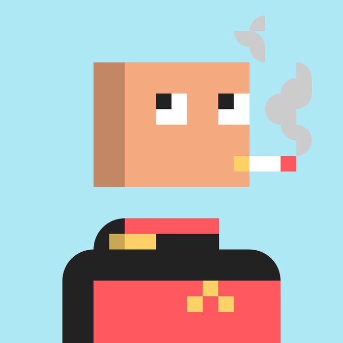 A minimalist pixel-art illustration shows a detached square-shaped head with a cigarette hanging from its mouth, smoke curling upward, floating above a tuxedo-clad torso against a light blue background—representing the "Funker" character referenced in the post.
