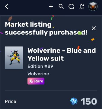 In this image, a screenshot of a social media post displays various details about a market listing of a character from the TV show "Wolverine" (Wolverines #89) who has a costume that features yellow and blue colors. The price of the rare edition suit is $OMI.