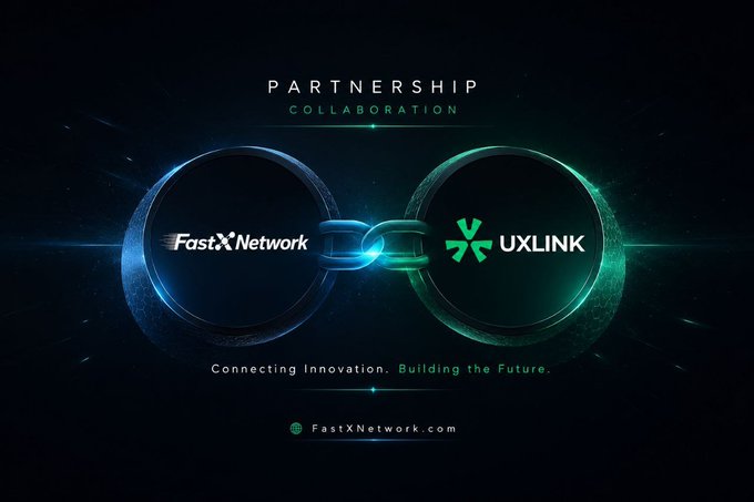 A 'PARTNERSHIP COLLABORATION' announcement graphic between FastX Network and UXLINK with the tagline 'Connecting Innovation. Building the Future.' and website FastXNetwork.com.