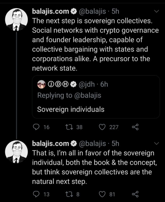 A Twitter screenshot shows Balaji Srinivasan (@balajis) replying to user @jdh, agreeing on the concept of "sovereign individuals" but advocating for "sovereign collectives" — crypto-governed social networks capable of collective bargaining with states and corporations — as the natural next step toward a network state. The accompanying post's mention of @poidhxyz and "ephemeral DAOs" reflects this vision of decentralized collective governance that Balaji is championing.