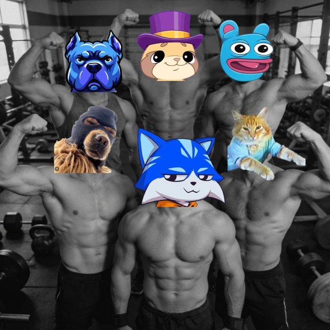 This image features cartoon animal heads superimposed on muscular bodies in a gym, fitting the theme of "moving different on base" by showing a unique and powerful combination.