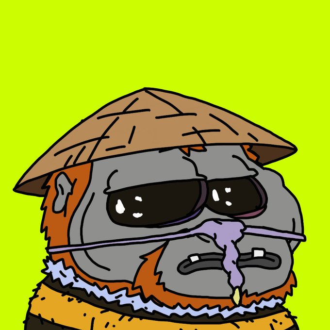 A cartoon character with a metal face, sunglasses, and a straw hat with snot running down its nose against a bright green background.