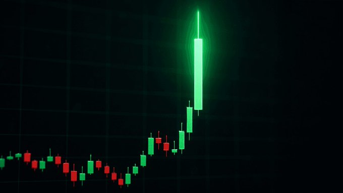 A candlestick chart on a dark background shows a sharp upward price movement, highlighted by a glowing green vertical line indicating a significant bullish spike.