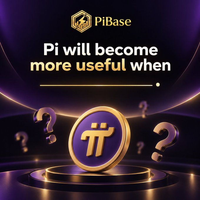 The image is a promotional graphic for PiBase featuring a gold and purple Pi coin surrounded by question marks, with the text "Pi will become more useful when __" and a line for the viewer to fill in the blank, directly echoing the caption's prompt.