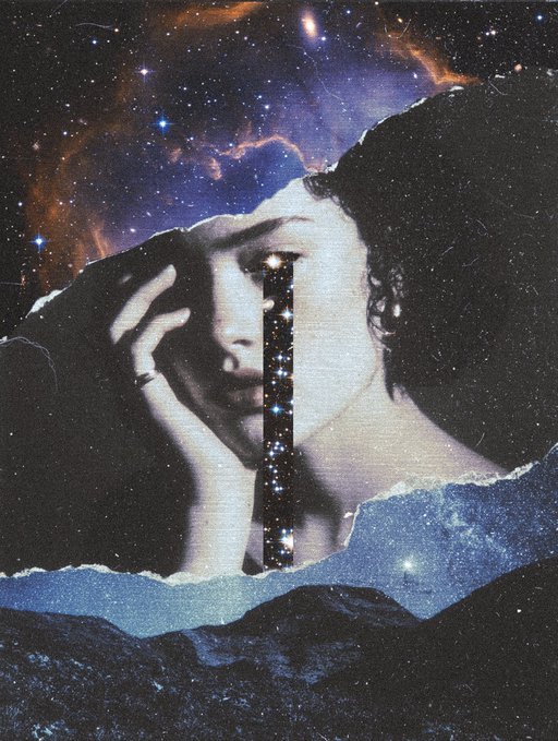 An artistic collage featuring a vintage black-and-white photo of a person with their hand on their face, layered with torn paper edges revealing a starry cosmic background.
