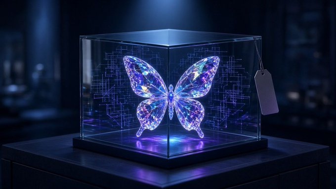 A glowing, holographic-style butterfly with purple and blue hues is displayed inside a clear, cube-shaped glass case.