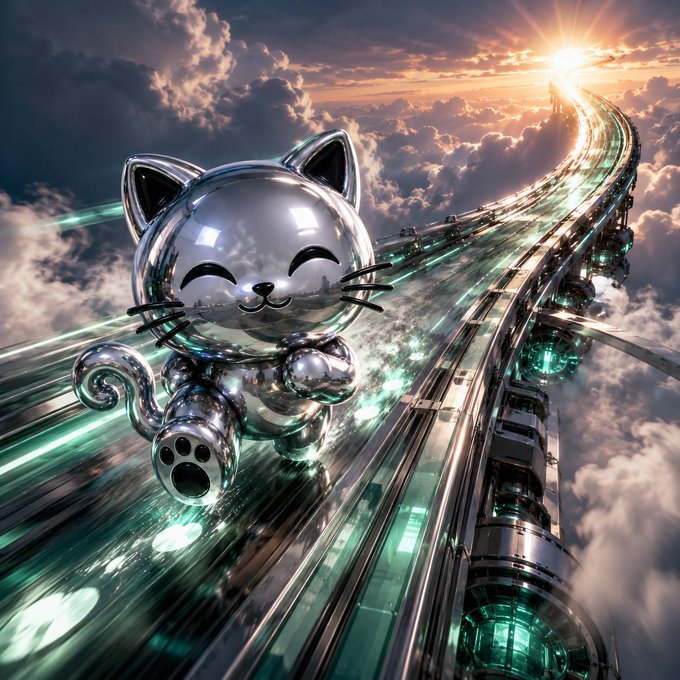 A digital artwork depicting a shiny chrome cat figurine running along a futuristic transparent elevated track high above clouds during sunset.