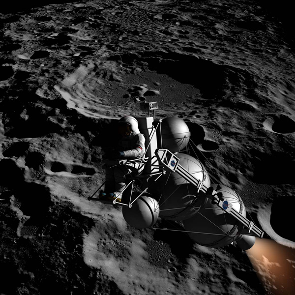 A lone astronaut rides a multi-spherical "metalox hopper" above the cratered lunar surface, with engine exhaust glowing beneath the craft. The futuristic single-rider vehicle and barren moonscape align with the post's caption depicting casual low-altitude travel around Luna in the year 2034.