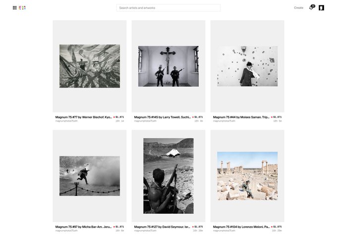 A website interface displays a gallery of black-and-white Magnum photography prints for sale, featuring works by Werner Bischof, Larry Towell, Moises Saman, Micha Bar-Am, David Seymour, and Lorenzo Meloni, priced between $1,475 and $1,875.