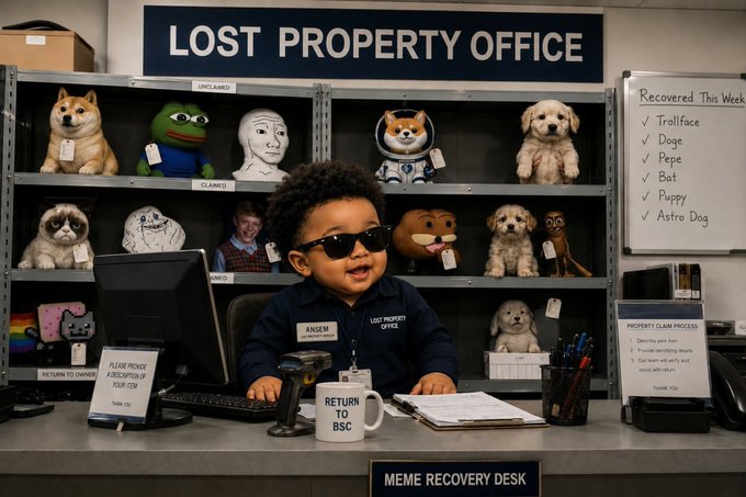 A humorous AI-generated image of a 'Lost Property Office' / 'MEME RECOVERY DESK' where a toddler in sunglasses sits at a desk surrounded by shelves of meme characters (Doge, Pepe, Wojak, etc.) marked as claimed and unclaimed.