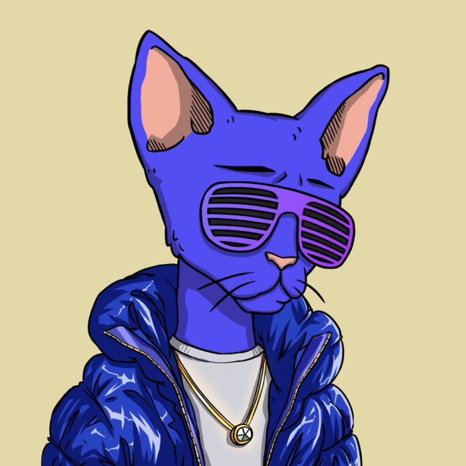 A digital illustration of a blue Sphynx cat wearing purple shutter-shade sunglasses and a blue puffer jacket over a white shirt, accessorized with a gold chain featuring an X-shaped pendant.