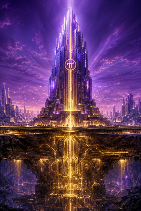 A futuristic digital illustration of a glowing golden tower with a Pi symbol against a purple sky.