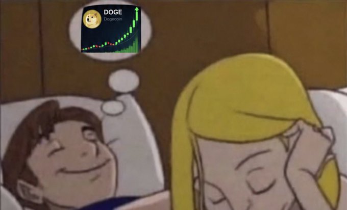 A cartoon couple sleeps peacefully in bed, with the man dreaming of "DOGE" (Dogecoin) soaring upward on a candlestick chart. The image humorously illustrates someone's hopeful nighttime vision of Dogecoin's price rising.