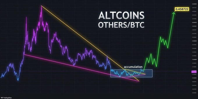 A TradingView chart titled 'ALTCOINS OTHERS/BTC' showing a descending wedge pattern with a highlighted 'accumulation' zone and a target price of 0.458722 at the breakout.