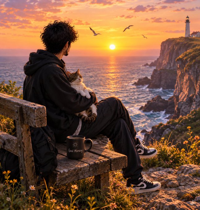 A person in a hoodie sits on a wooden bench at a cliffside, cradling a cat in their lap while watching the sunrise over the ocean, with a lighthouse perched on the cliffs and birds flying overhead—a "Good Morning" mug beside them and a backpack at their side, perfectly capturing the post's message of savoring the sunrise rather than rushing through it.