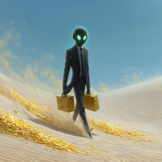 A digital illustration of a tall alien in a black suit with glowing green eyes carrying two gold briefcases while walking across a desert landscape scattered with gold.
