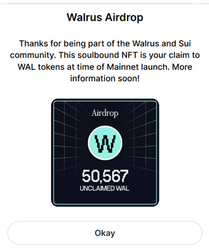 A Walrus Airdrop notification showing 50,567 unclaimed WAL tokens as a soulbound NFT for the Walrus and Sui community ahead of the Mainnet launch.