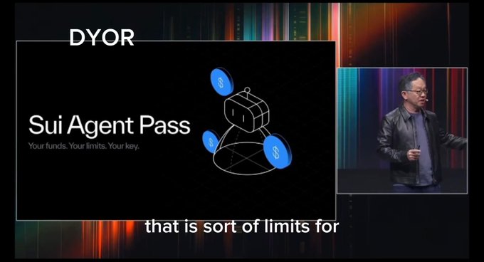 A presenter stands on stage beside a slide titled "DYOR" promoting "Sui Agent Pass" with the tagline "Your funds. Your limits. Your key." alongside a graphic of a money bag and dollar signs.