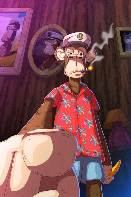 A cartoon monkey wearing a captain's hat, gold earring, and a red Hawaiian shirt, smoking a cigar and holding a banana, with a sailor painting in the background.