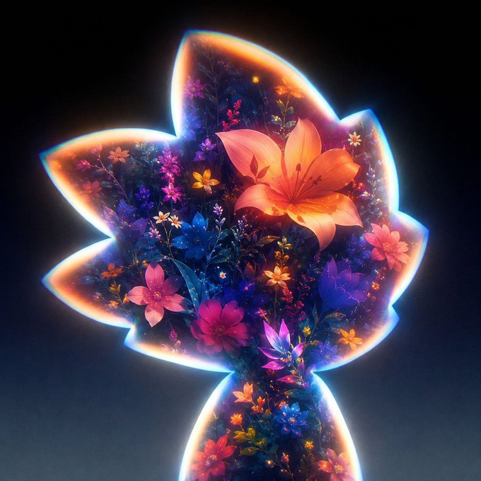 A vibrant digital artwork featuring a silhouetted leaf or flame shape filled with colorful flowers, including a prominent orange lily, against a dark background with a glowing outline.