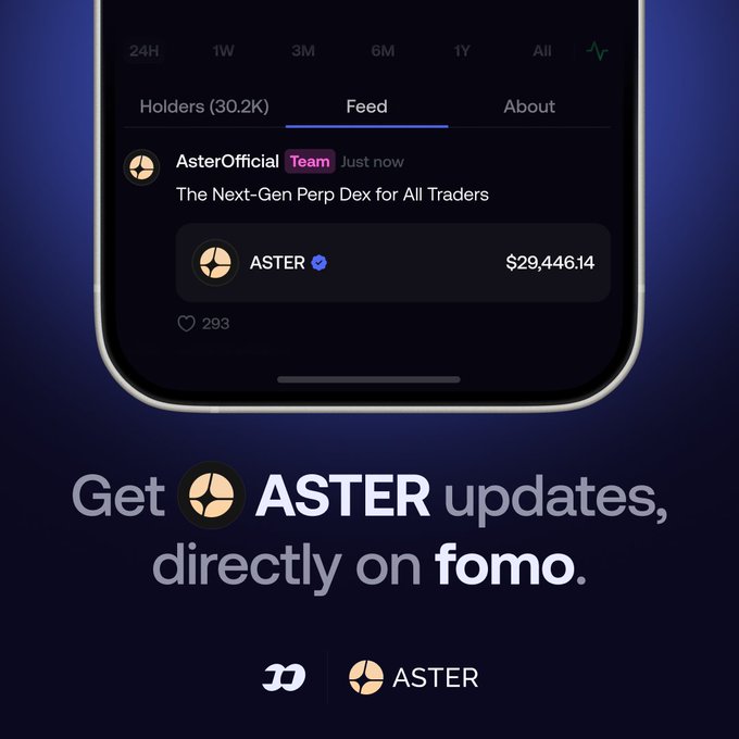 A promotional graphic for FOMO app announces ASTER token updates directly on the platform, featuring a mobile screenshot of the AsterOfficial Team feed showing "The Next-Gen Perp Dex for All Traders," an ASTER token valued at $29,446.14 with 293 likes, 30.2K holders, and time filters (24H, 1W, 3M, 6M, 1Y, All), reinforcing the post's message about Aster hosting 12 of the 15 most-held tokens available for perpetual trading on its decentralized exchange.