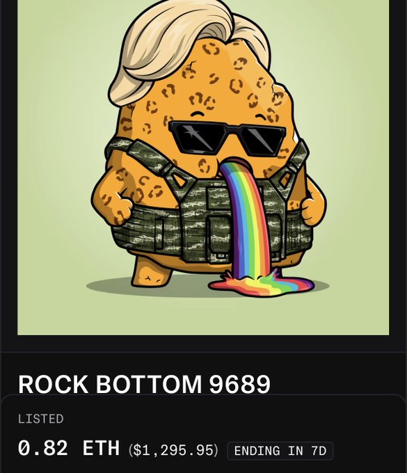 The image shows a cartoon NFT character resembling a tater tot with blonde hair, sunglasses, and a tactical vest, vomiting a rainbow, listed for sale at "ROCK BOTTOM 9689" for 0.82 ETH ($1,295.95) with 7 days remaining. The satirical crypto meme character is being auctioned as part of the "rockbottom" NFT collection, parodying the extreme low point of crypto markets with its absurd, rainbow-puking mascot design.