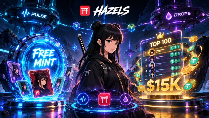 A promotional graphic for 'HAZELS' featuring an anime-style character alongside 'PULSE' and 'DROPS' sections, with 'FREE MINT' text and a 'TOP 100' leaderboard showing a $15K prize pool.