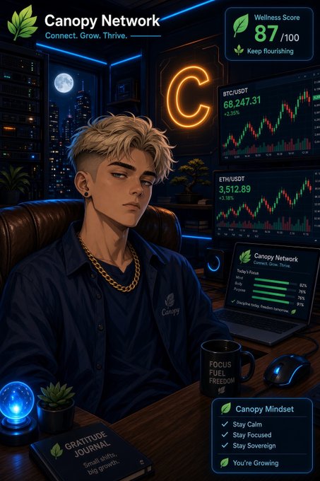 An anime-style illustration of a blonde young man sitting at a desk with cryptocurrency charts (BTC/USDT and ETH/USDT) on the screens behind him, branded with 'Canopy Network' and a wellness score of 87/100.