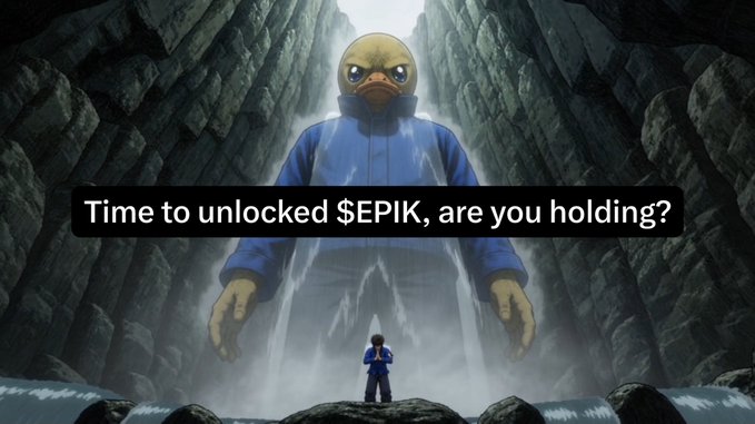 Anime-style image of a giant duck-headed figure in a blue raincoat emerging from a misty canyon, with text 'Time to unlocked $EPIK, are you holding?' overlaid.