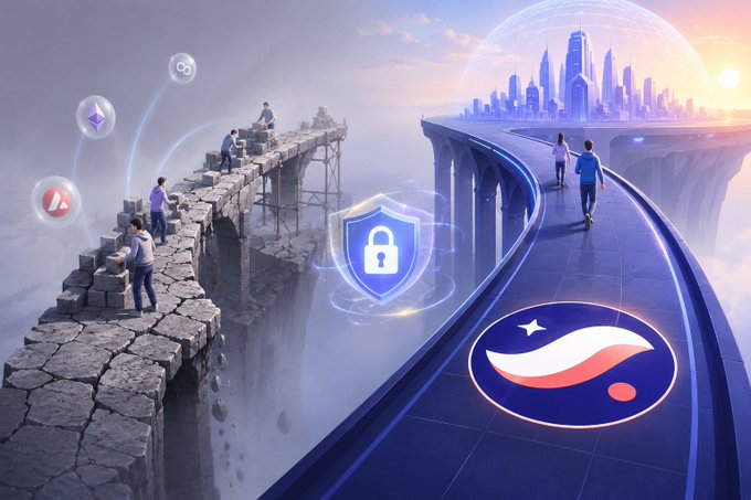 The image features a futuristic cityscape with a bridge spanning across two mountains. The bridge is surrounded by people walking along its length, and there are several bubbles floating around them. In the center of the scene, there's a blue shield with a white circle on top that has a lock symbol in the middle. The background shows an image of a city skyline under a cloudy sky.

The post caption reads: "While most projects are building for the next cycle, Starknet is building for the next decade. Designed post-quantum secure since 2018, STARKs eliminated trusted setups and elliptic curve assumptions entirely - the true difference between short-term solutions and foundational".