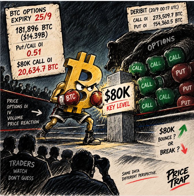 A hand-drawn boxing ring illustration depicts Bitcoin as a fighter labeled "BTC" facing off against a shadowy "OPTIONS" opponent wielding stacked green "CALL" and red "PUT" pads, with a "$80K KEY LEVEL" sign at the center. Key stats shown include BTC options expiry 25/9 at 181,896 BTC ($14.39B), Put/Call OI of 0.51, $80K Call OI of 20,634.7 BTC, and Deribit (20/9 00:17 UTC) Call OI of 273,509.7 BTC and Put OI of 154,360.5 BTC, illustrating the post's point that the $80K strike is a heavily contested battleground between bulls and bears ahead of the September 25 expiry.