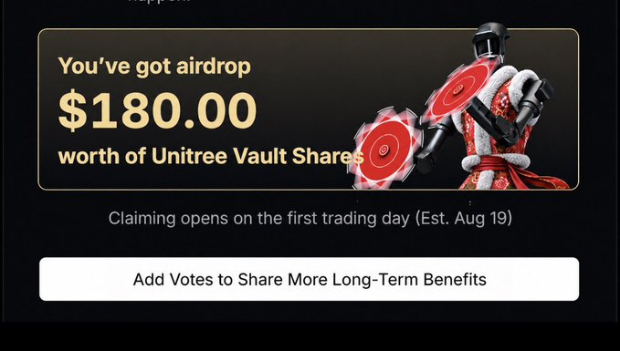 A promotional banner announces an airdrop of "$180.00 worth of Unitree Vault Shares" with claiming set to open on the first trading day around August 19, alongside a button reading "Add Votes to Share More Long-Term Benefits." This illustrates the ongoing anticipation around the SoDEX Season 1 airdrop, showing users the $180 reward amount they stand to claim once the official airdrop distribution is finally announced.