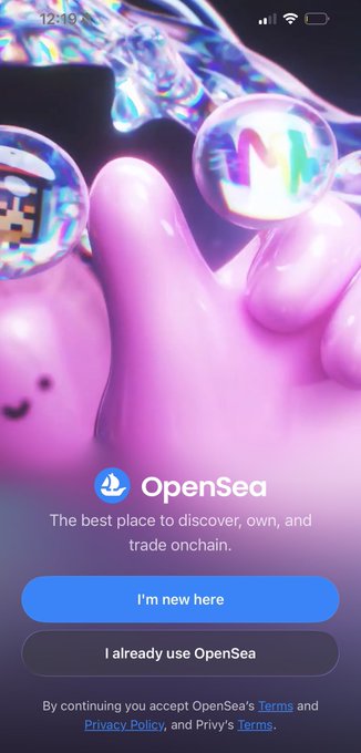 The screenshot shows the OpenSea app onboarding screen with the tagline "The best place to discover, own, and trade onchain," featuring two buttons: "I'm new here" and "I already use OpenSea." This relates to the post about downloading OpenSea, as the image displays the initial welcome screen a new user would encounter upon opening the freshly downloaded app.