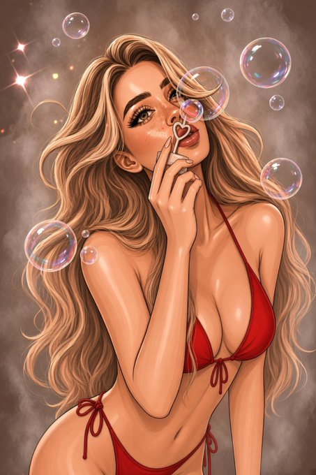 A stylized digital illustration shows a blonde woman in a red bikini playfully blowing bubbles shaped like hearts from a bubble wand, with floating iridescent bubbles and sparkles set against a smoky brown background. The image's sultry, teasing aesthetic perfectly matches the artwork's caption, "The Sweetest Trap," embodying the playful invitation to "dare to get closer."