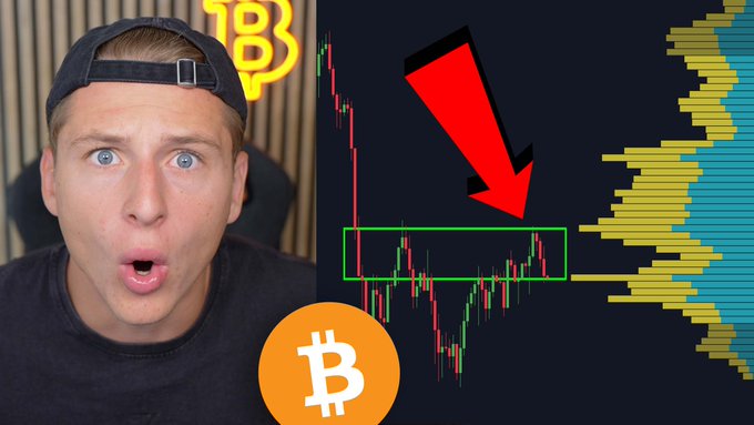 A YouTube thumbnail showing a shocked-looking man in a black cap next to a Bitcoin chart with a red arrow pointing down to a green box, indicating a price drop.