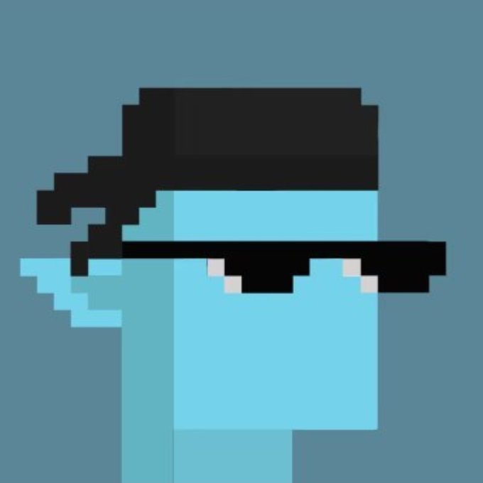 Pixel art illustration of a light blue Among Us character wearing a black cap, resembling the classic crewmate design.