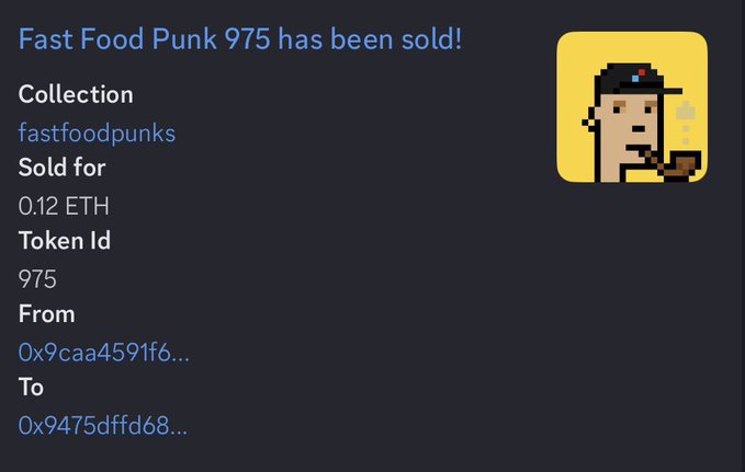 A screenshot of an NFT sale notification showing 'Fast Food Punk 975 has been sold!' for 0.12 ETH from the 'fastfoodpunks' collection, with a pixel art image of a character in a yellow square.
