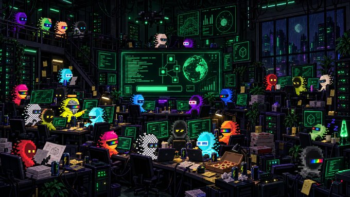 A pixel art scene depicting a dark tech-themed office filled with colorful pixelated characters working at computer stations, with a central glowing globe display on a large monitor.