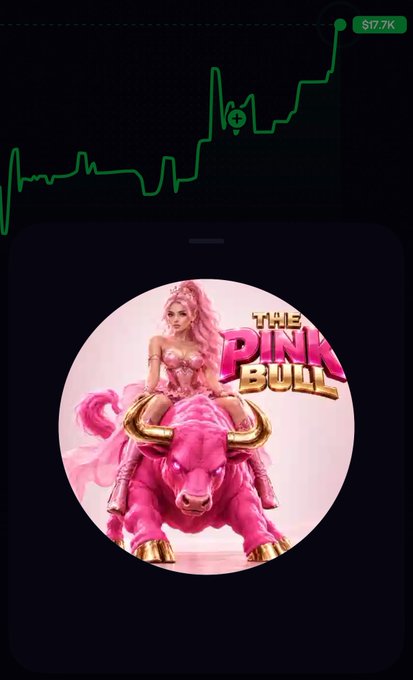 A screenshot showing a stock or token chart at $17.7K alongside a circular logo for 'THE PINK BULL' featuring a woman riding a pink bull.