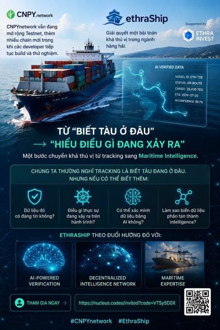 A promotional graphic for CNPY.network and ethraShip featuring a cargo ship and AI verification data, with Vietnamese text describing a testnet for blockchain-based ship tracking and maritime intelligence.
