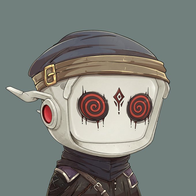 Digital illustration of a robot character with a cracked white face, spiral red eyes, and a dark beret-like headpiece.