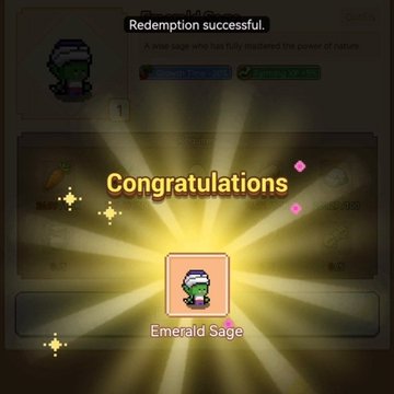 A screenshot from a mobile game showing a 'Redemption successful' notification and a 'Congratulations' popup for unlocking an 'Emerald Sage' character.
