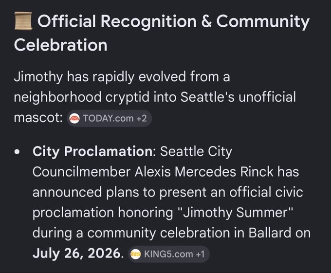 A news graphic titled 'Official Recognition & Community Celebration' about 'Jimothy,' Seattle's unofficial mascot, mentioning a City Proclamation by Councilmember Alexis Mercedes Rinck on July 26, 2026, with sources cited as TODAY.com +2 and KING5.com +1.