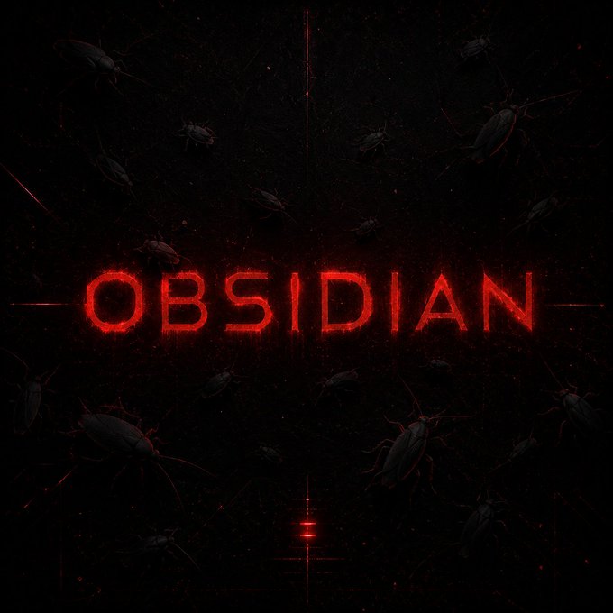 A dark horror-themed wallpaper with the word 'OBSIDIAN' in glowing red text surrounded by scattered beetles/cockroaches on a black textured background.