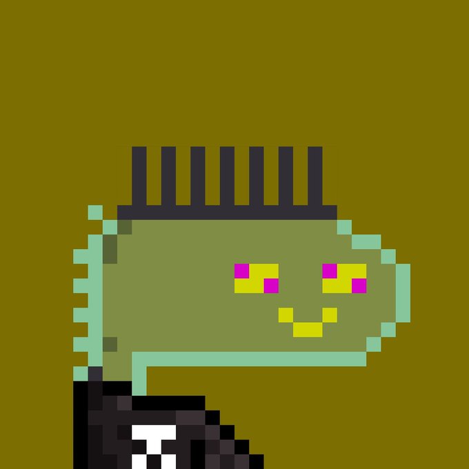 A retro pixel art illustration depicts a small green monster with spiked purple hair, magenta eyes, and a friendly smile wearing a black outfit, set against an olive background. The image complements the post by visually representing the "Midzards" NFTs referenced, emphasizing the bold, pixelated aesthetic of the MidEvils NFT collection.
