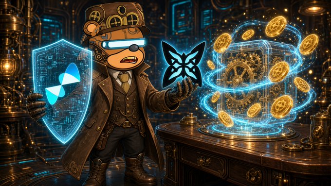 A cartoonish steampunk monkey character wearing a top hat with glowing blue goggles, holding a shield with a blue logo, beside a glowing treasure chest overflowing with gold coins, with a butterfly icon floating between them.