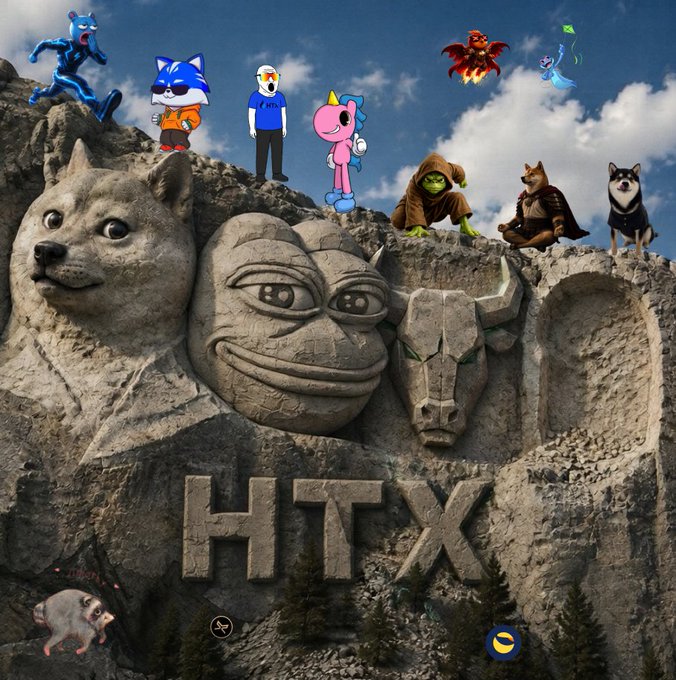 A parody of Mount Rushmore has been reimagined as "HTX" with the carved faces replaced by a cat, Pepe the Frog, a bull, and a Shiba Inu, alongside various cartoon characters. The image humorously critiques HTX exchange for prominently listing $LUNC (Terra Luna Classic), a low-volume meme coin, suggesting disproportionate promotion of an insignificant asset.