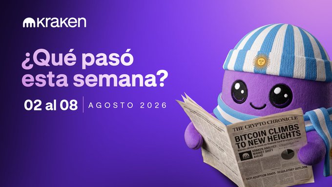A Kraken cryptocurrency promotional graphic in Spanish asking '¿Qué pasó esta semana?' (What happened this week?) for August 2-8, 2026, featuring a purple mascot character reading a newspaper with the headline 'BITCOIN CLIMBS TO NEW HEIGHTS'.